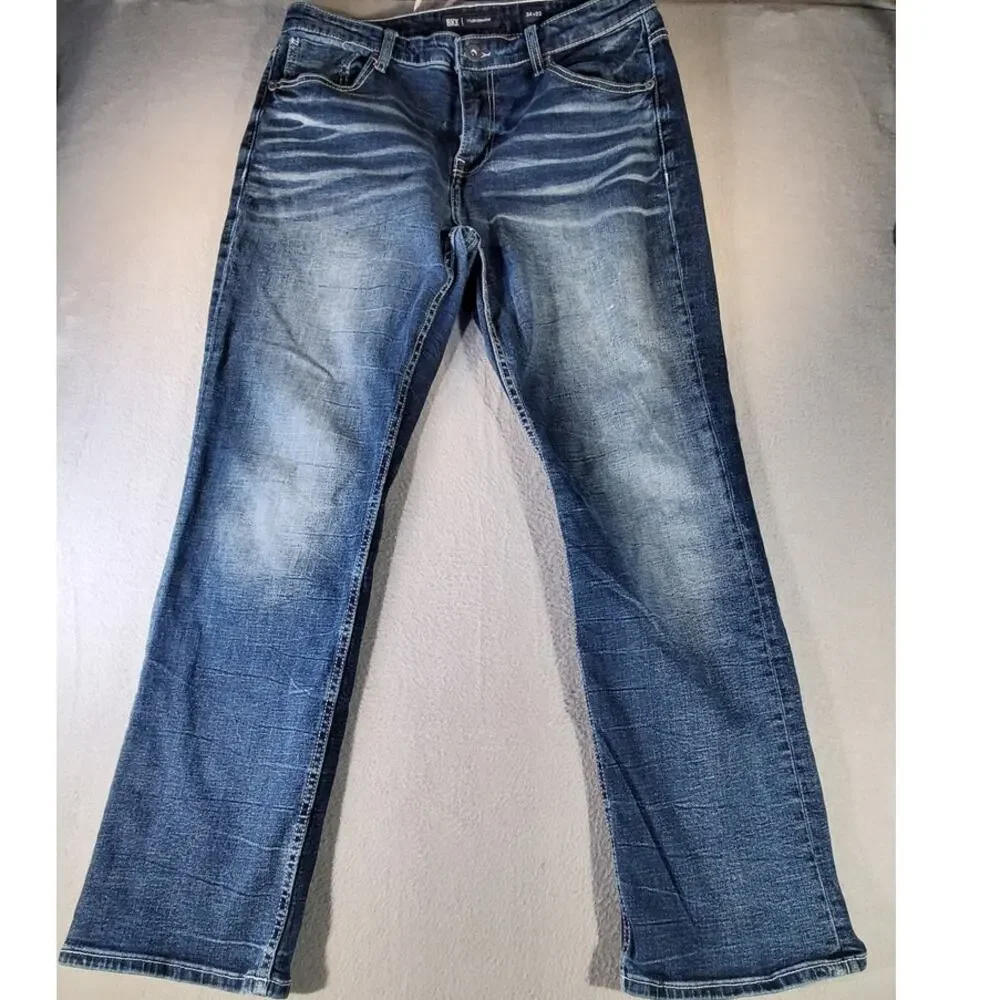 BKE Tyler Straight Jeans Mens 34x32 Dark Wash Distressed Buckle Denim Casual